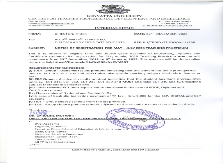 REGISTRATION FOR MAY – JULY 2023 TEACHING PRACTICUM